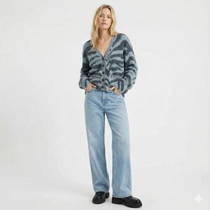 URBAN OUTFITTERS Fuzzy Tiger Print Button Front Cardigan Denim Blue & Charcoal L